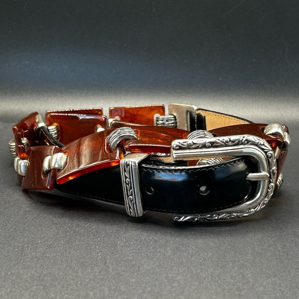 Brighton Black Leather Tortoise Lucite Belt with Silver Accents 39” Large - Picture 2 of 9